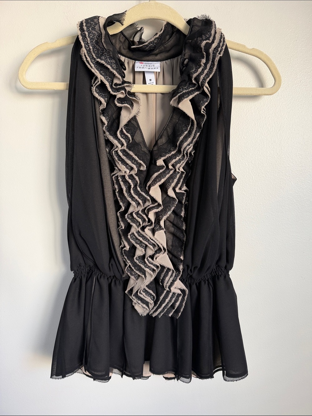 Robert Rodriguez x Target Black and Tan Ruffle Trim Short Sleeve Lace Blouse